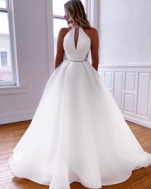 White High Neck Taffeta Beading A-line Wedding Dress WD2460