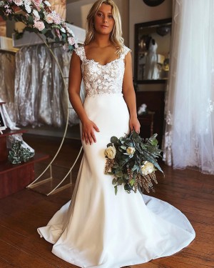 Satin Square Neckline Lace Bodice Mermaid White Wedding Dress WD2462