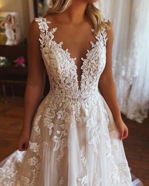 Ivory A-Line V-neck Lace Wedding Dress with Pockets WD2463