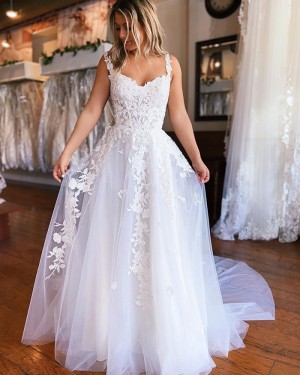 V-neck Tulle White Lace Applique Wedding Dress with Side Slit WD2464