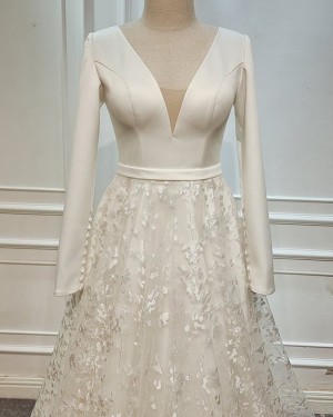 Satin Bodice Lace Ivory V-neck Wedding Dress with Long Sleeves WD2465