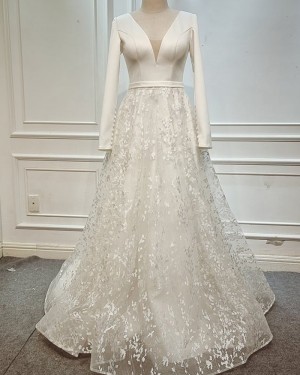 Satin Bodice Lace Ivory V-neck Wedding Dress with Long Sleeves WD2465