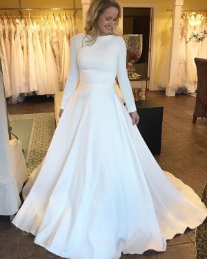 Satin Jewel Neck A-line White Simple Wedding Dress with Long Sleeves WD2466