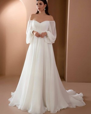 White Bohemia Style Off the Shoulder Chiffon Wedding Dress with Long Sleeves WD2468