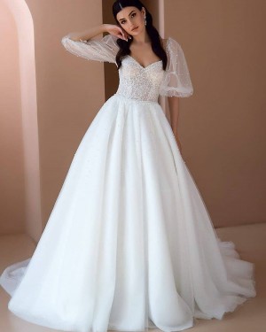 White Tulle Square Neckline Beading Wedding Dress with 3/4 Length Sleeves WD2469