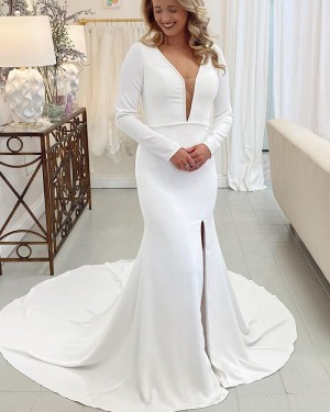 Satin Long Sleeve White V-neck Mermaid Wedding Dress with Side Slit WD2470