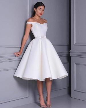 Satin White V-neck Knee Length Simple Wedding Dress WD2471