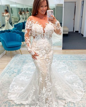 Mermaid White Bateau Neckline Lace Wedding Dress with Long Sleeves WD2472