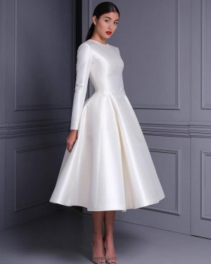 Satin Ankle Length White Jewel Simple Wedding Dress with Long Sleeves WD2473