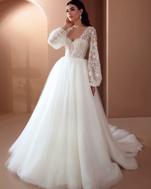 White Tulle Square Neckline Lace Bodice Wedding Dress with Long Sleeves WD2474