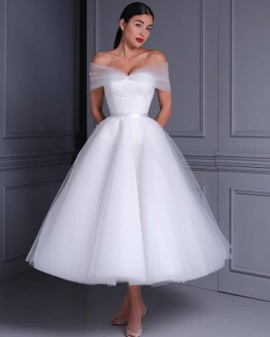Lace Bodice Tulle Ankle Length Off the Shoulder White Wedding Dress WD2475