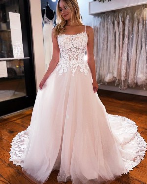 Spaghetti Straps Lace Applique Tulle White Wedding Dress WD2480