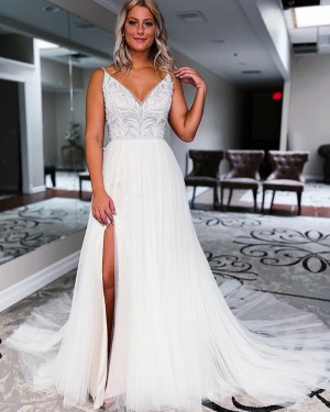 White Pleated V-neck Lace Bodice Wedding Dress with Side Slit WD2483