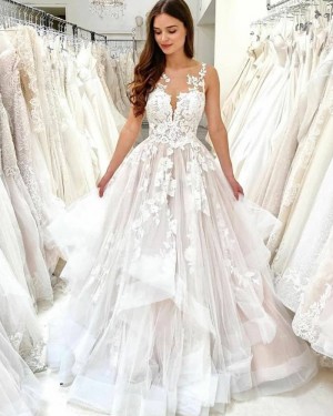 Lace Sheer Neckline Ruffled White Wedding Dress WD2484
