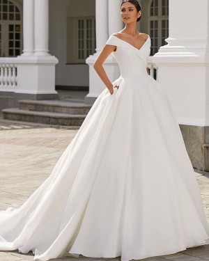 Satin A-line V-neck White Wedding Dress with Pocketed WD2485