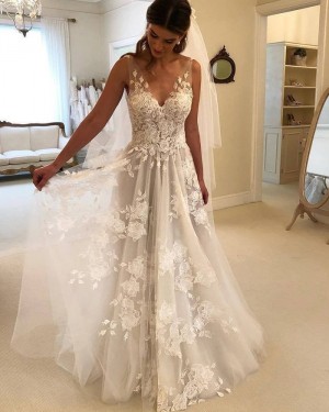 Lace Pleated V-neck A-line Ivory Wedding Dress WD2486
