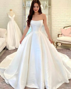 White Satin Simple Strapless Wedding Dress with Pockets WD2488