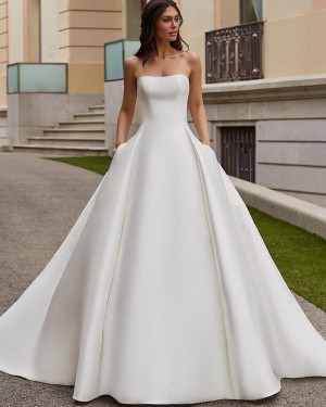 White Satin Simple Strapless Wedding Dress with Pockets WD2488
