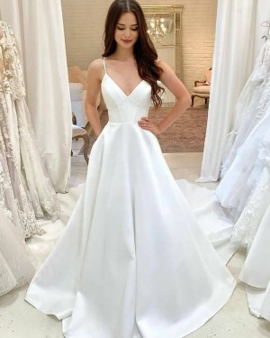 Satin Spaghetti Straps White A-line Wedding Dress with Pockets WD2490