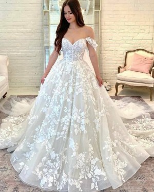 Lace Off the Shoulder Ivory A-line Wedding Dress WD2491