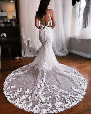 White Sparkle Applique Spaghetti Straps Mermaid Bridal Dress WD2544