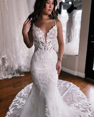 White Sparkle Applique Spaghetti Straps Mermaid Bridal Dress WD2544