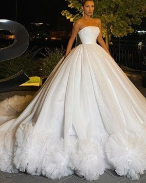 White Ruffled A-line Tulle Strapless Ball Gown Bridal Dress WD2545