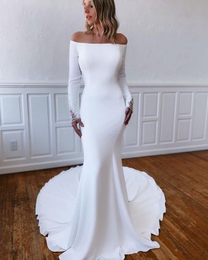 White Satin Mermaid Off the Shoulder Bridal Dress with Beading Long Sleeves WD2546