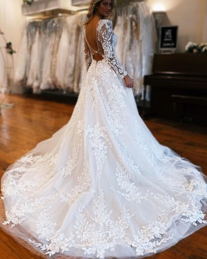 White Lace A-line Deep V-neck Bridal Dress with Long Sleeves WD2547