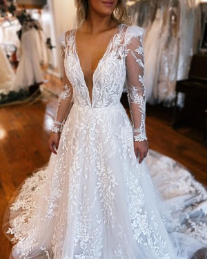 White Lace A-line Deep V-neck Bridal Dress with Long Sleeves WD2547