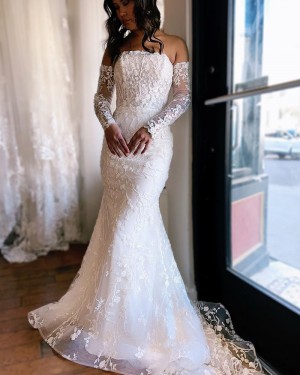 Lace Applique White Mermaid Strapless Bridal Dress with Removable Long Sleeves WD2549