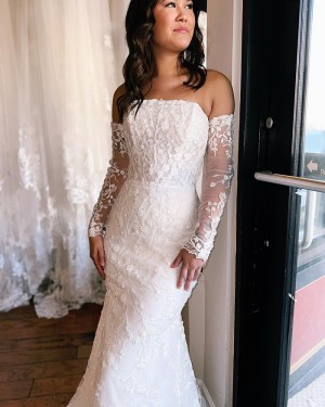 Lace Applique White Mermaid Strapless Bridal Dress with Removable Long Sleeves WD2549