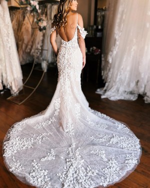White Lace Applique Cold Shoulder Sheath Bridal Dress WD2550