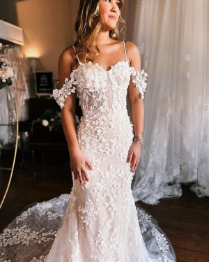 White Lace Applique Cold Shoulder Sheath Bridal Dress WD2550