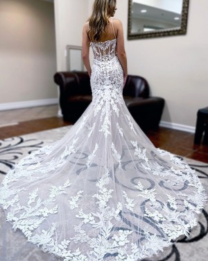 Lace Applique Spaghetti Straps White Mermaid Bridal Dress WD2551