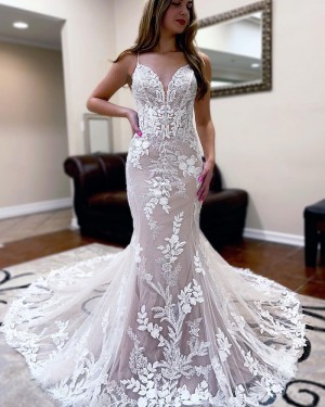 Lace Applique Spaghetti Straps White Mermaid Bridal Dress WD2551