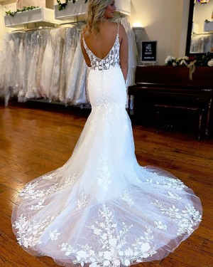 White Lace Applique Spaghetti Straps Mermaid Bridal Dress with Side Slit WD2555