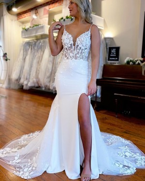 White Lace Applique Spaghetti Straps Mermaid Bridal Dress with Side Slit WD2555