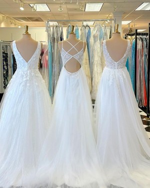 Lace Bodice V-neck Tulle A-line Bridal Dress WD2556
