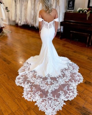 White Satin Mermaid Off the Shoulder Bridal Dress with Lace Applique Train WD2557