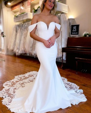 White Satin Mermaid Off the Shoulder Bridal Dress with Lace Applique Train WD2557