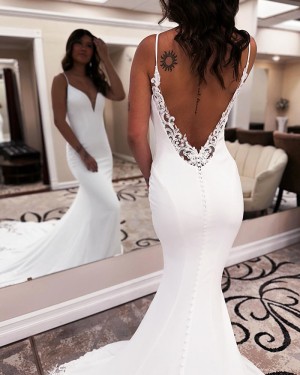 Spaghetti Straps White Satin Simple Mermaid Bridal Dress with Lace Train WD2558