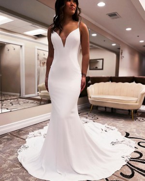 Spaghetti Straps White Satin Simple Mermaid Bridal Dress with Lace Train WD2558