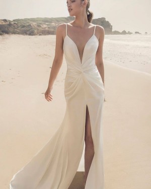 Ruched Sheath Beach Spaghetti Straps Bridal Dress with Middle Slit WD2560