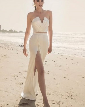 Ruched Bodice Satin Two Piece Beach Bridal Dress with Side Slit WD2561