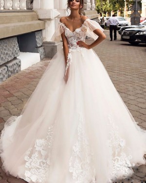 Ivory Tulle Lace Applique V-neck Ball Gown Bridal Dress WD2564