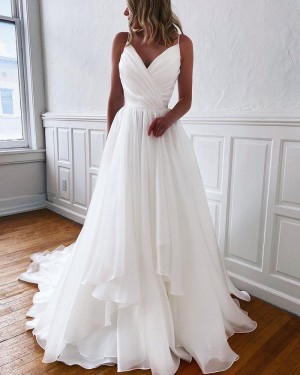 Spaghetti Straps Ruched Chiffon Simple Ivory Bridal Dress WD2565