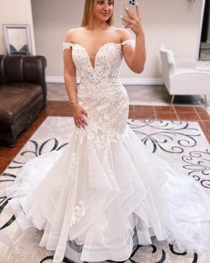 Ivory Lace Applique Ruffled Off the Shoulder Bridal Dress WD2567
