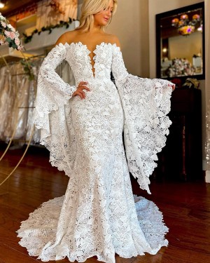Lace Ivory Mermaid Off the Shoulder Bridal Dress with Bat Sleeves WD2568