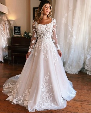 White Lace Applique Scoop Neckline A-line Bridal Dress with Long Sleeves WD2574
